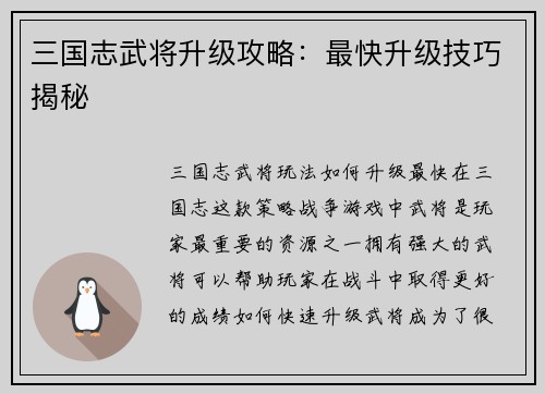 三国志武将升级攻略：最快升级技巧揭秘